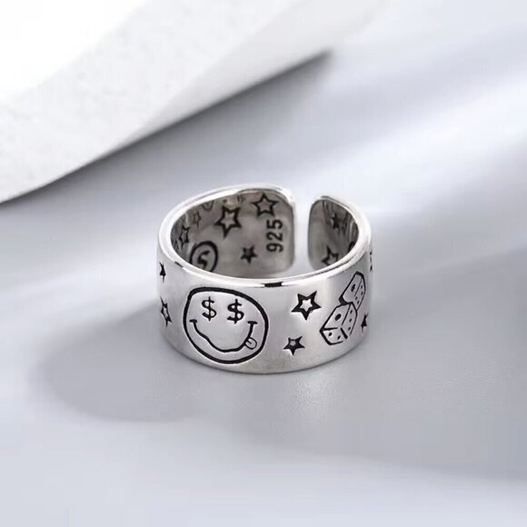 925 Sterling Smiley Happy Money Face Poker Boho Ring (Silver Face) #1380 - Picture 5 of 11